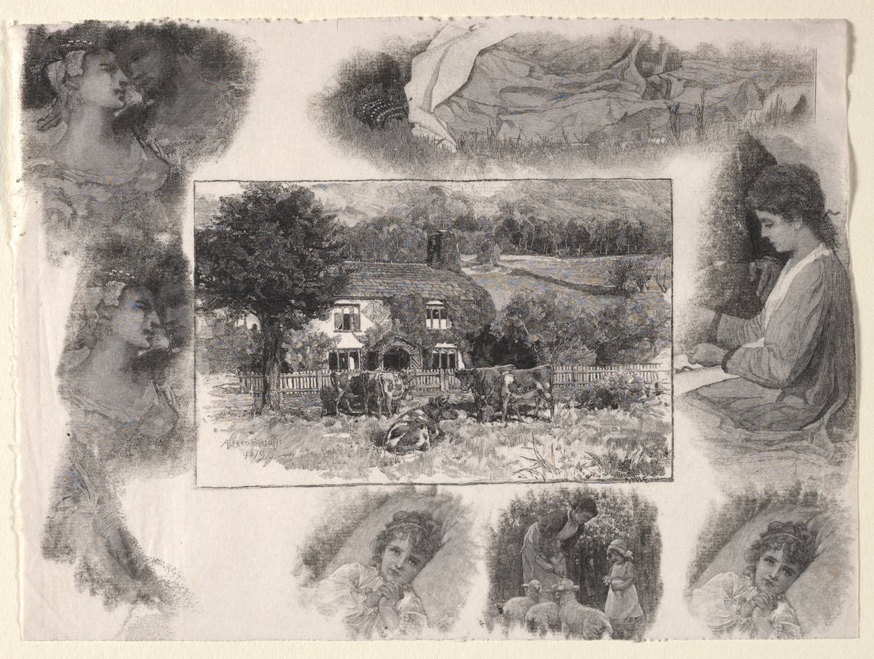Paisagem com chalé e vacas, rodeado por vários esboços. de Henry Wolf