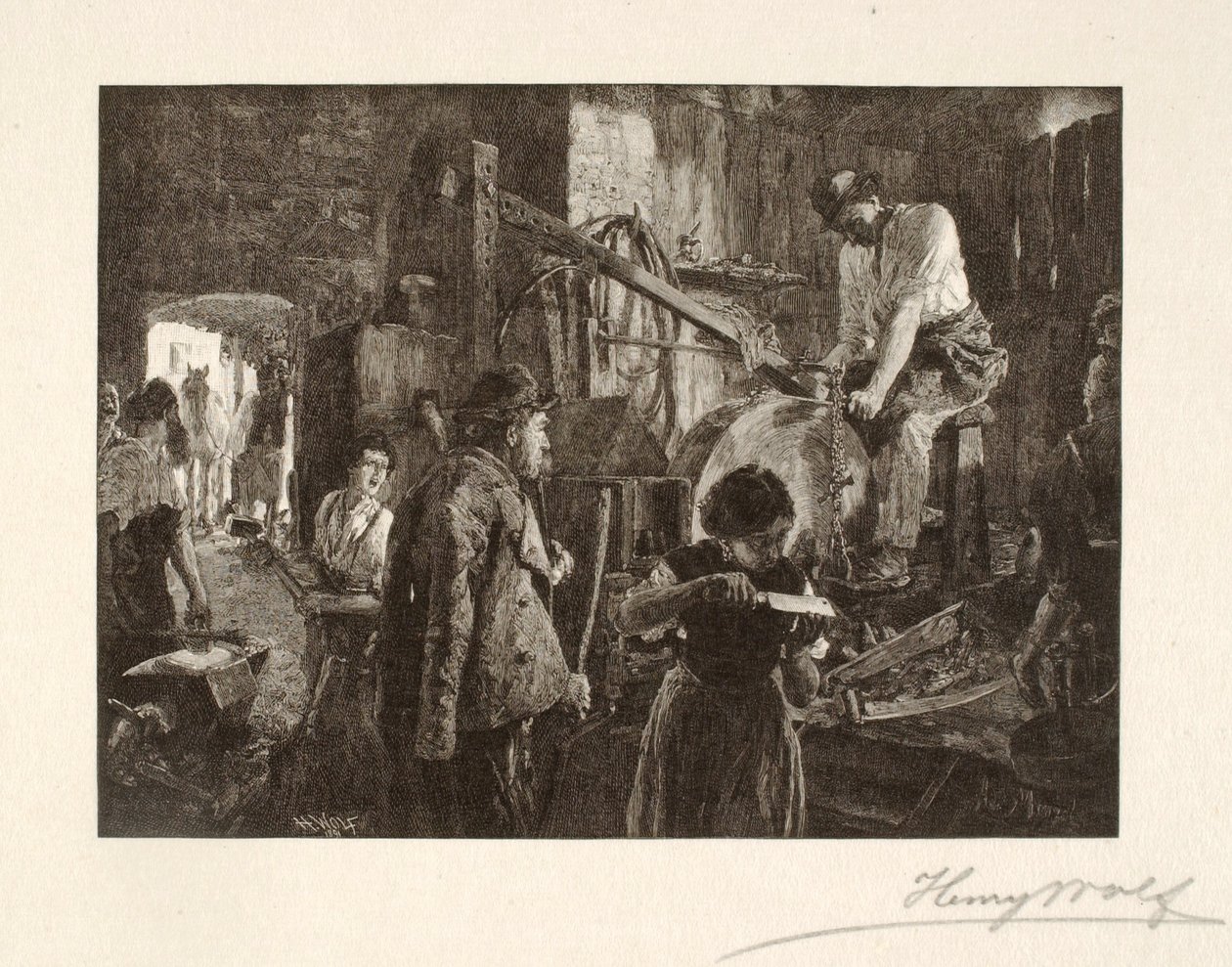 Afiar ferramentas numa ferraria de aldeia de Henry Wolf