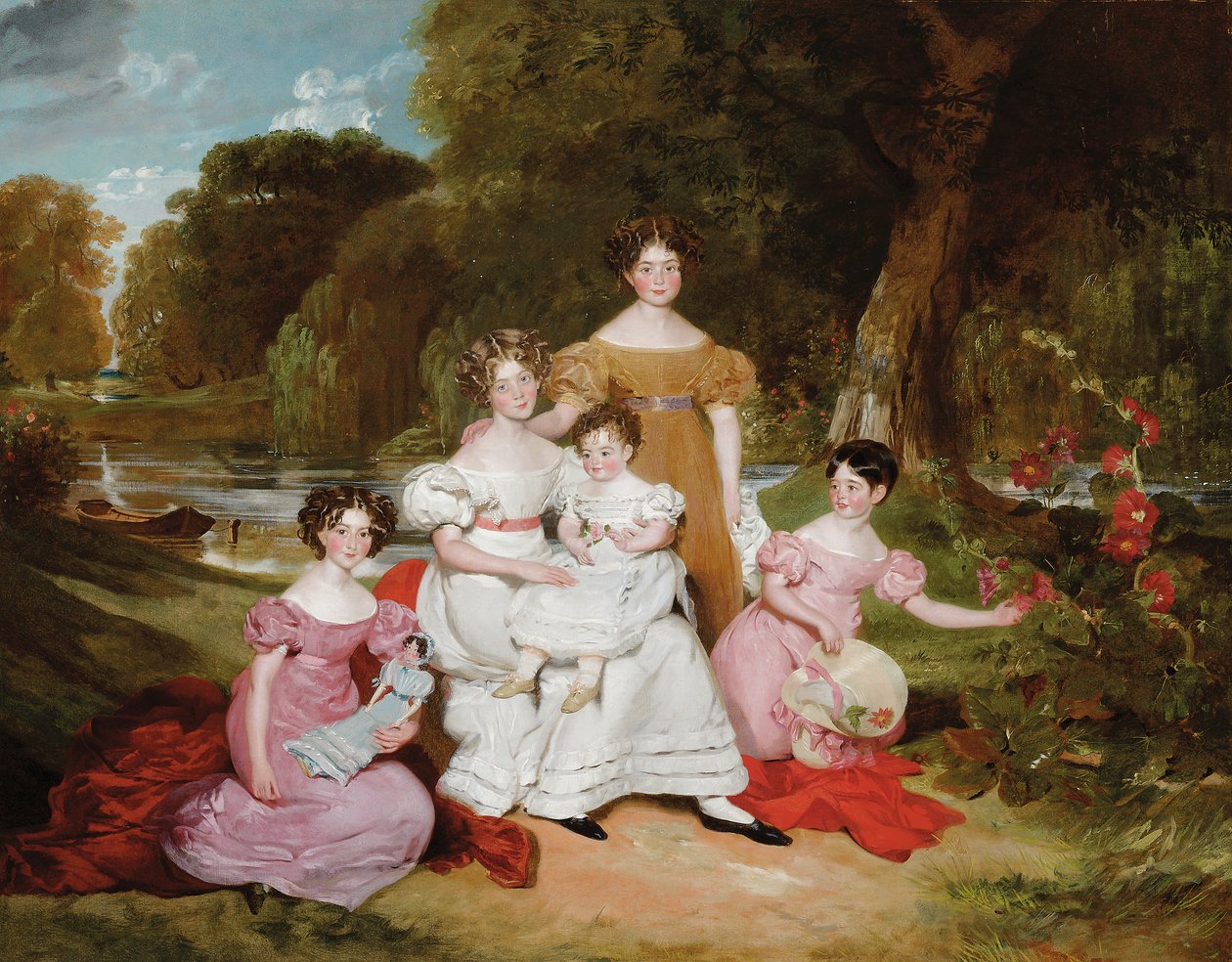 Retrato de grupo da família Ward Hunt numa paisagem diante de um rio de Henry Wyatt