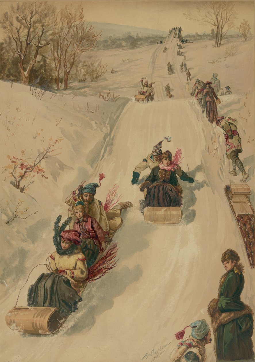 Tobogganing, por L. Prang and Co., 1886 (aquatinta) de Henry after Sandham