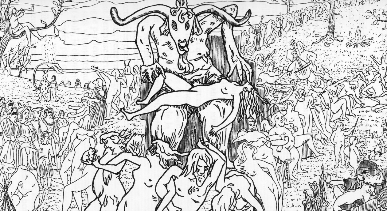 Representação de uma cena de sábado reunida por bruxas presididas por satanás dando origem a orgias (reunião de sábado) Desenho de Henry de Malvost de "Satanismo e magia" de Jules Bois 1895 Colecção privada Â de Henry de Malvost