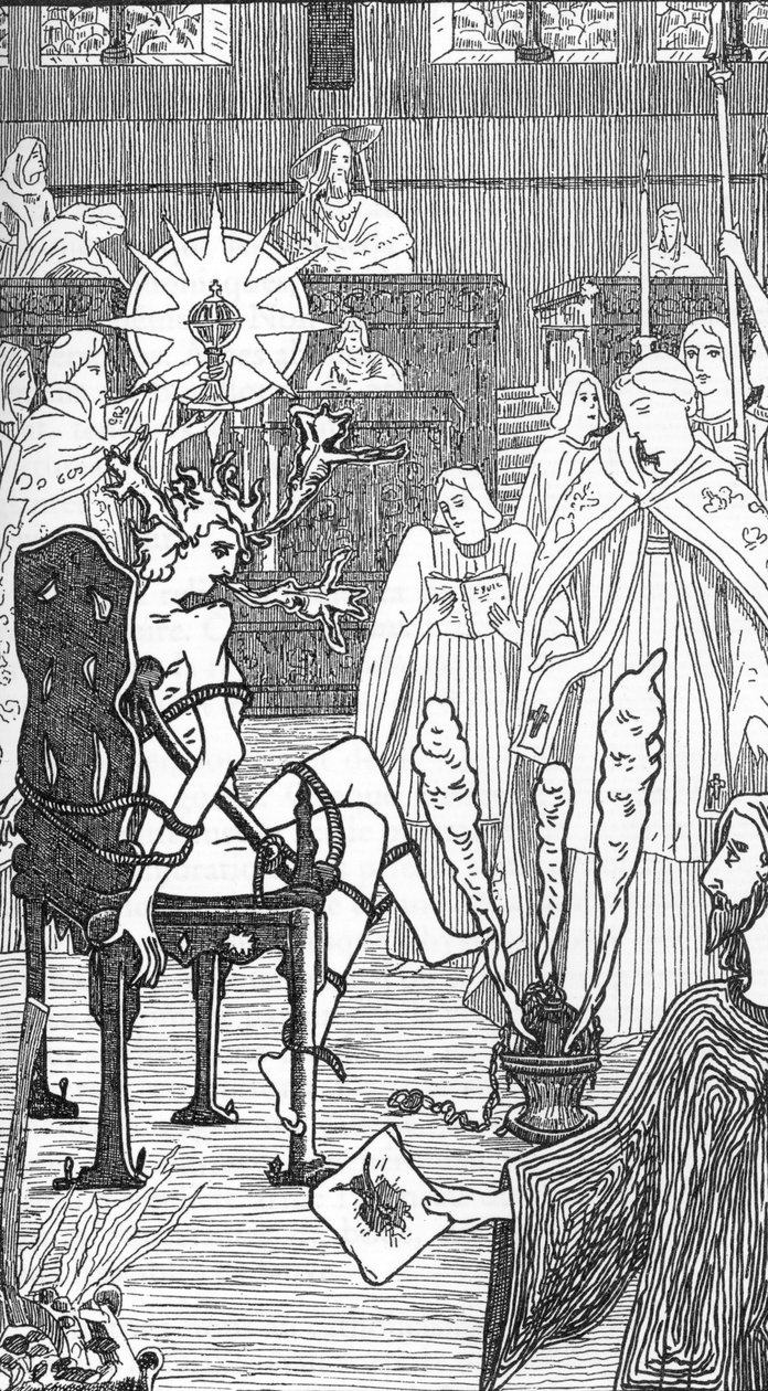 Representação de uma cerimónia de exorcismo Desenho de Henry de Malvost a partir de "Satanismo e Magia" de Jules Bois 1895 Colecção privada de Henry de Malvost
