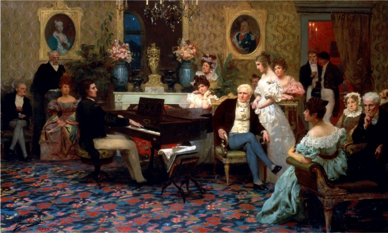 Chopin tocando piano no salão Prince Radziwills, 1887 de Henryk Siemiradzki