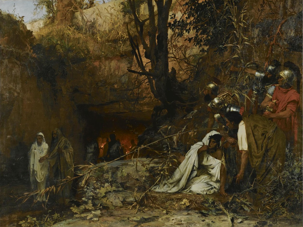 Perseguidores cristãos na entrada das catacumbas, 1874 de Henryk Siemiradzki