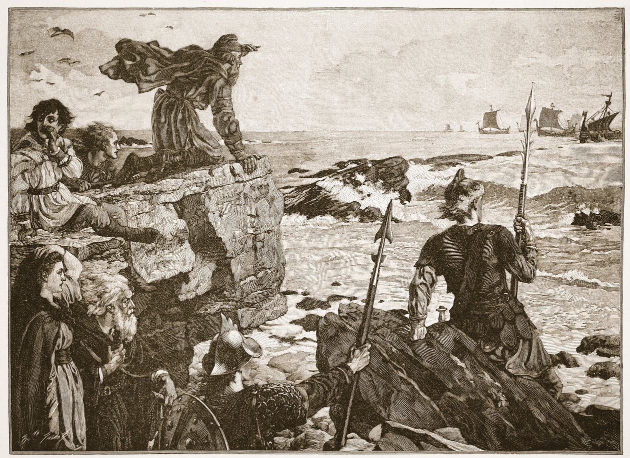 Como os dinamarqueses subiram o canal mil anos atrás, ilustração de "A Igreja da Inglaterra: uma história para o povo" por HDM Spence-Jones, pub. c.1910 (foto sépia) de Herbert Alfred Bone