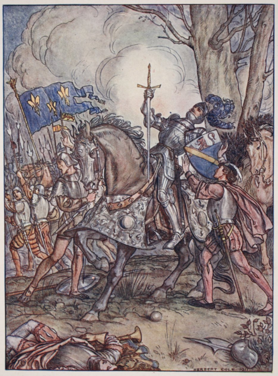 A morte de Bayard, ilustração de "Bayard: O Bom Cavaleiro Sem Medo e Sem Reprovação", de Christopher Hare, pub. 1911 de Herbert Cole