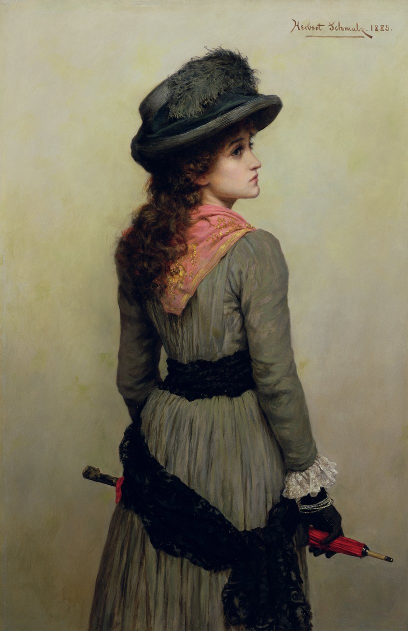 Denise - retrato de jovem com um guarda-chuva vermelho, 1885 de Herbert Gustave Schmalz