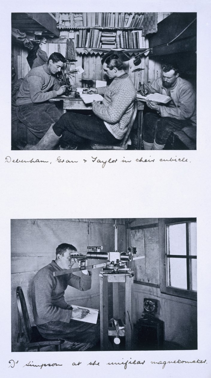 Topo: Debenham, Gran e Taylor no seu cubículo. Inferior: Dr. Simpson no magnetômetro unifilar. Última Expedição de Scott, Winter Journey, 27 de junho a 1 de agosto de 1911 de Herbert Ponting