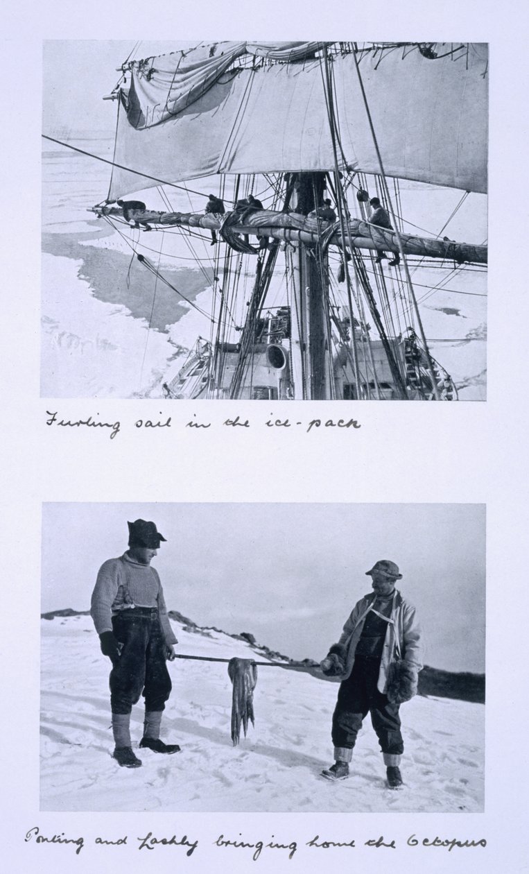 Top: Enrolando a vela da &39;Terra Nova&39; no bloco de gelo. Inferior: Ponting e Lashly trazendo para casa o polvo. da "última expedição de Scott" de Herbert Ponting