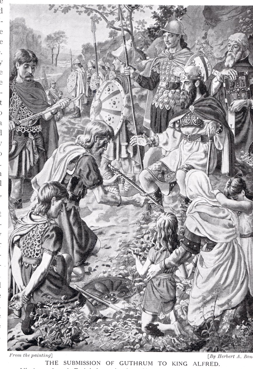 A apresentação de Guthrum ao rei Alfred, ilustração da "História das Nações de Hutchinson" de Herbert Alfred Bone