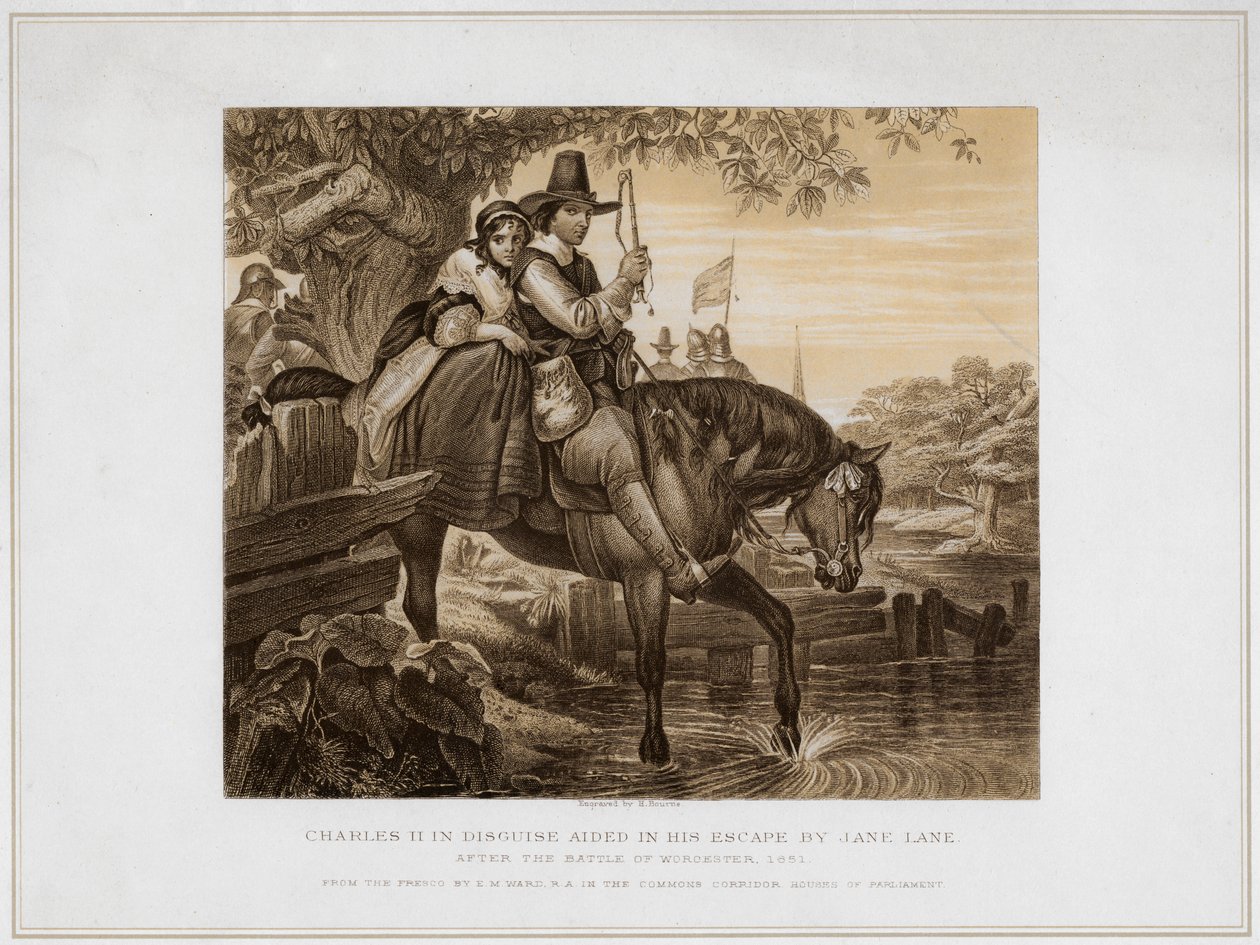 Carlos II disfarçado, ajudado em sua fuga por Jane Lane ... 1651, século XIX de Herbert Bourne