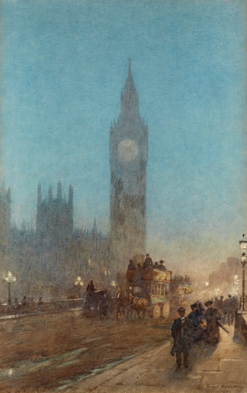 Crepúsculo na ponte de Westminster (aguarela e cor de corpo) de Herbert Menzies Marshall