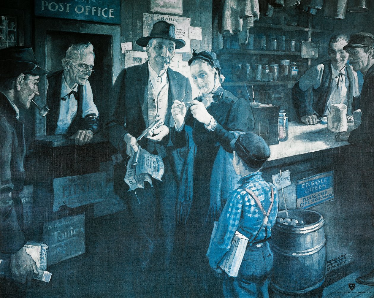 O fornecedor de espectáculos no final do século XIX, publicidade para a American Optical Company de Herbert Morton Stoops