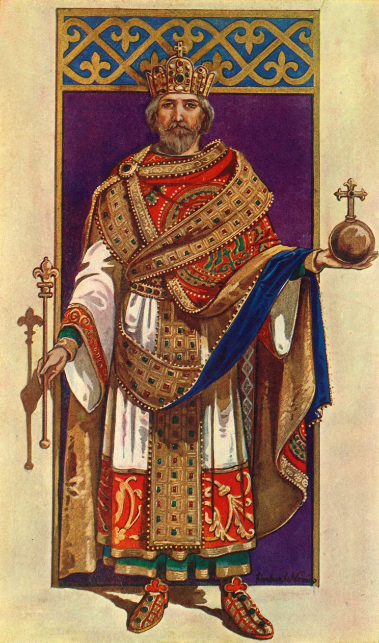 O imperador Carlos Magno em traje completo de estado AD 800, 1924. de Herbert Norris