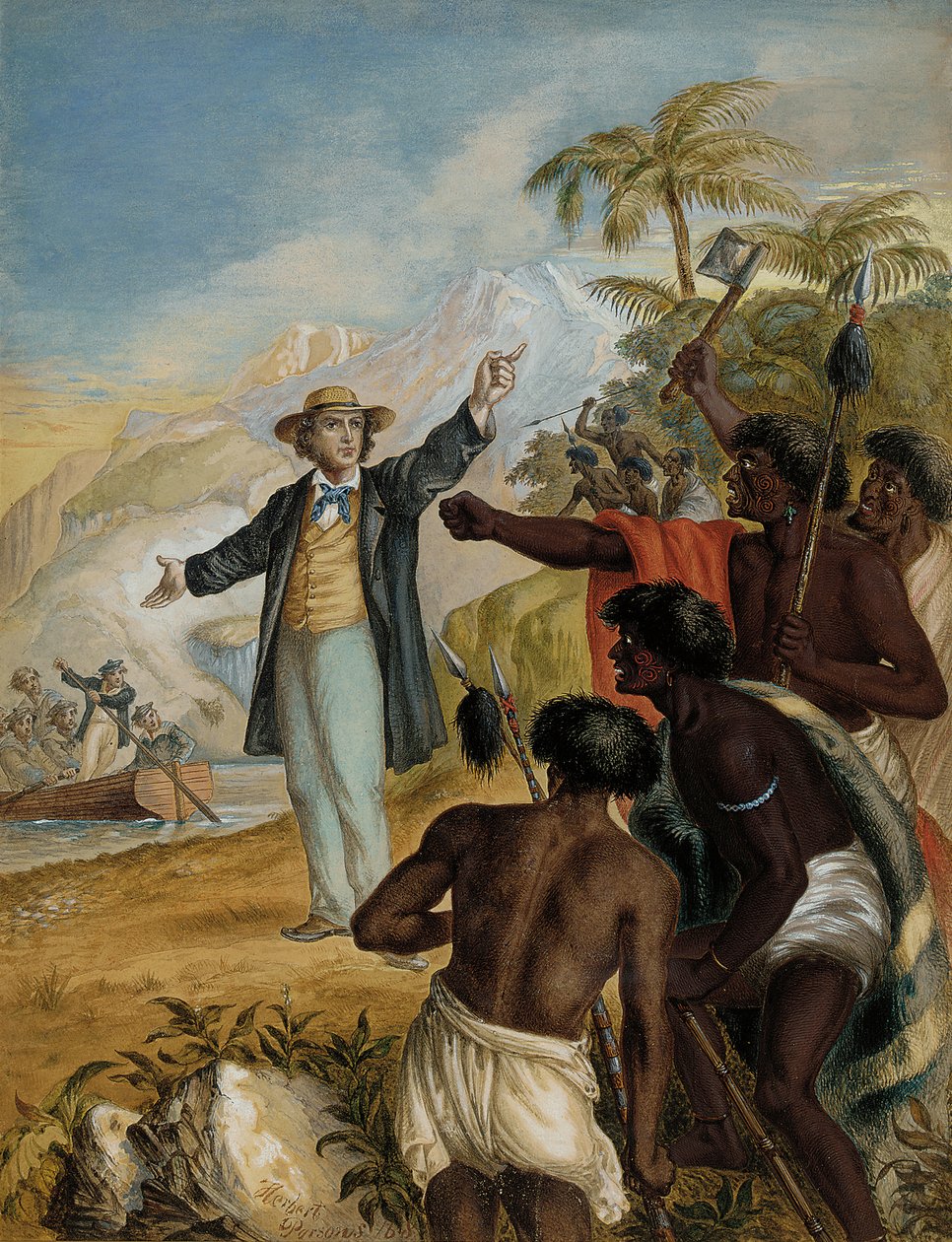 Um missionário escocês que chega à terra confrontado por Maoris em guerra, 1868 de Herbert Parsons