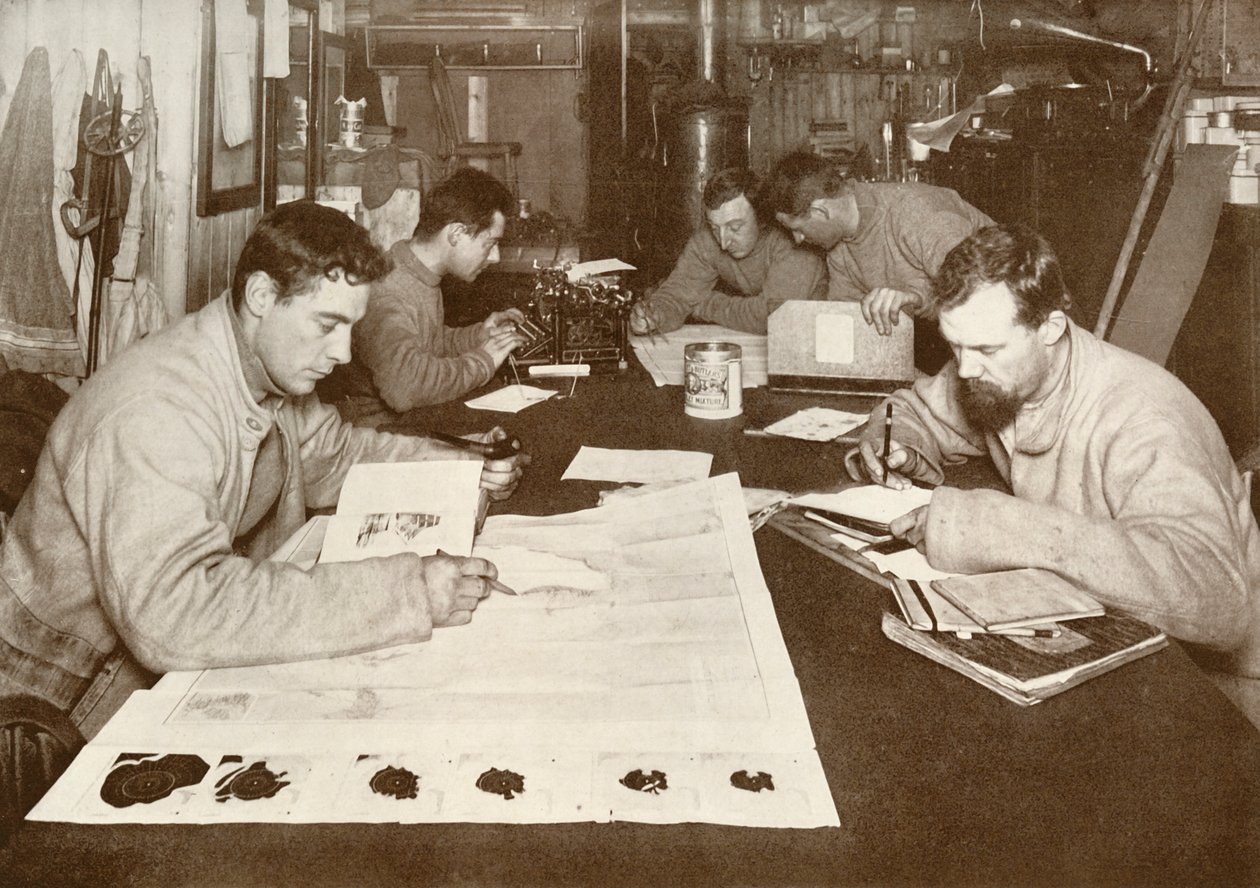 Trabalho de inverno da esquerda para a direita - Debenham, Cherry-Garrard, Bowers, Evans, Taylor, c1911, 1913 de Herbert Ponting