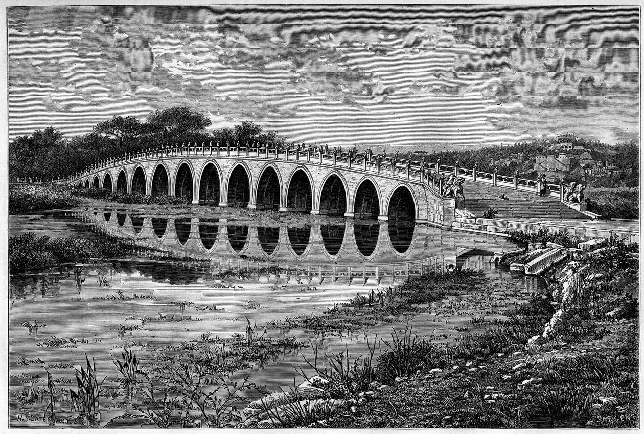Ponte com 17 arcos no Lago Kunming, no Palácio Ete, perto de Pekin, no século XIX. Gravura depois de um desenho de Catenacci, depois de uma fotografia de Thomson, em "Le Tour du Monde, Nouveau journal des Voyages", editado por Edouard Charton, Paris. de Hercule (after) Catenacci