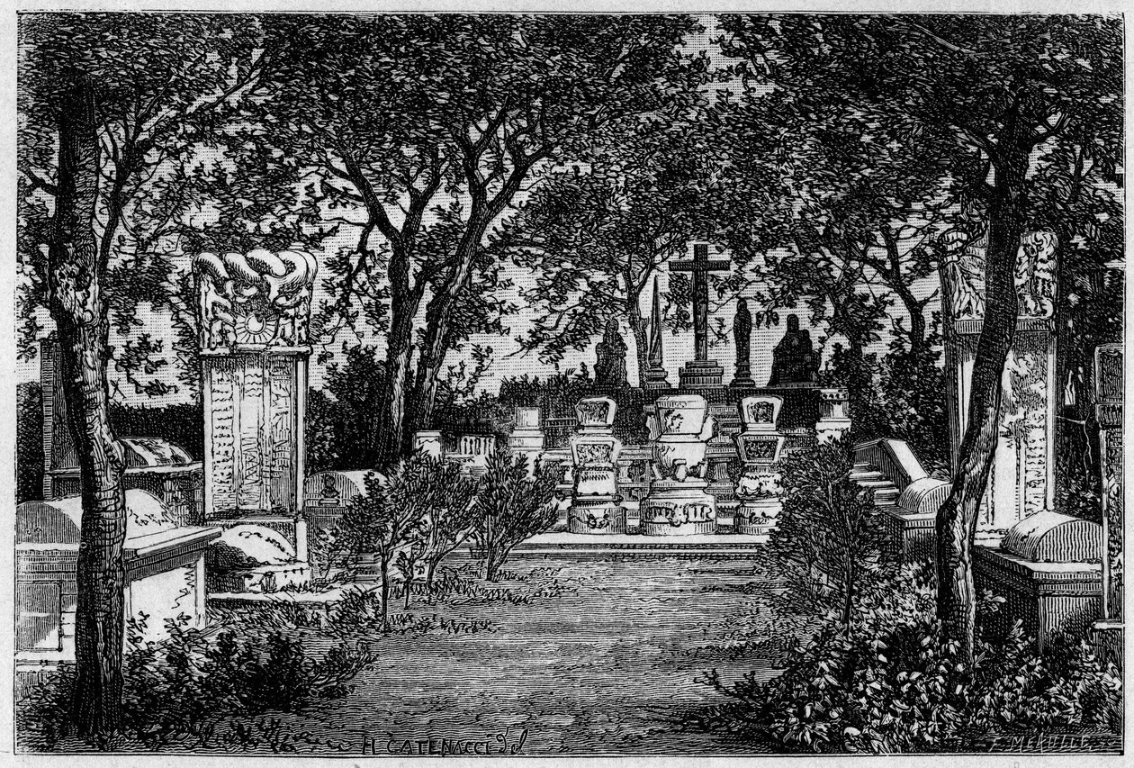 Sepulturas do jesuíta Matteo Ricci (1552-1610) e Adam Schall von Bell (1592-1666) em Pekin (Pequim) nos anos de 1870. Gravura depois de um desenho de Catenacci, depois de uma fotografia de Thomson, em "Le Tour du Monde, Nouveau journal des Voyages", editad de Hercule (after) Catenacci