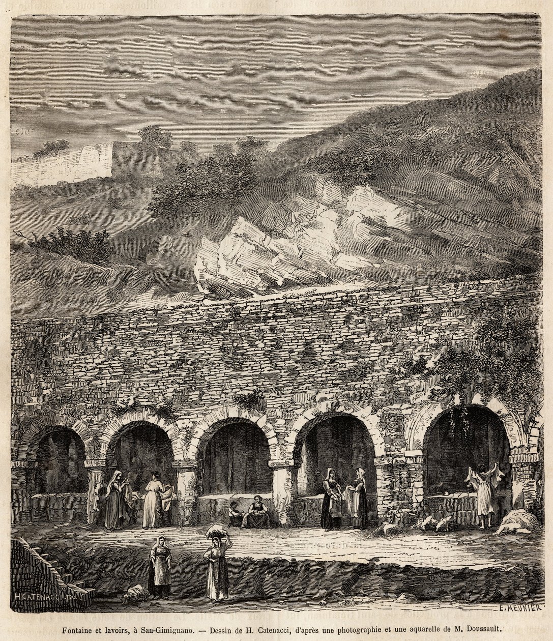 Mulheres na fonte e lavadouros de San Gimignano (Toscana, Itália). Gravura depois do desenho de H. Catenacci, para ilustrar a viagem à Toscana e Úmbria, de Francis Wey, em 1875, publicada em "Le tour du monde" 1876, editada por Edouard Cha de Hercule (after) Catenacci