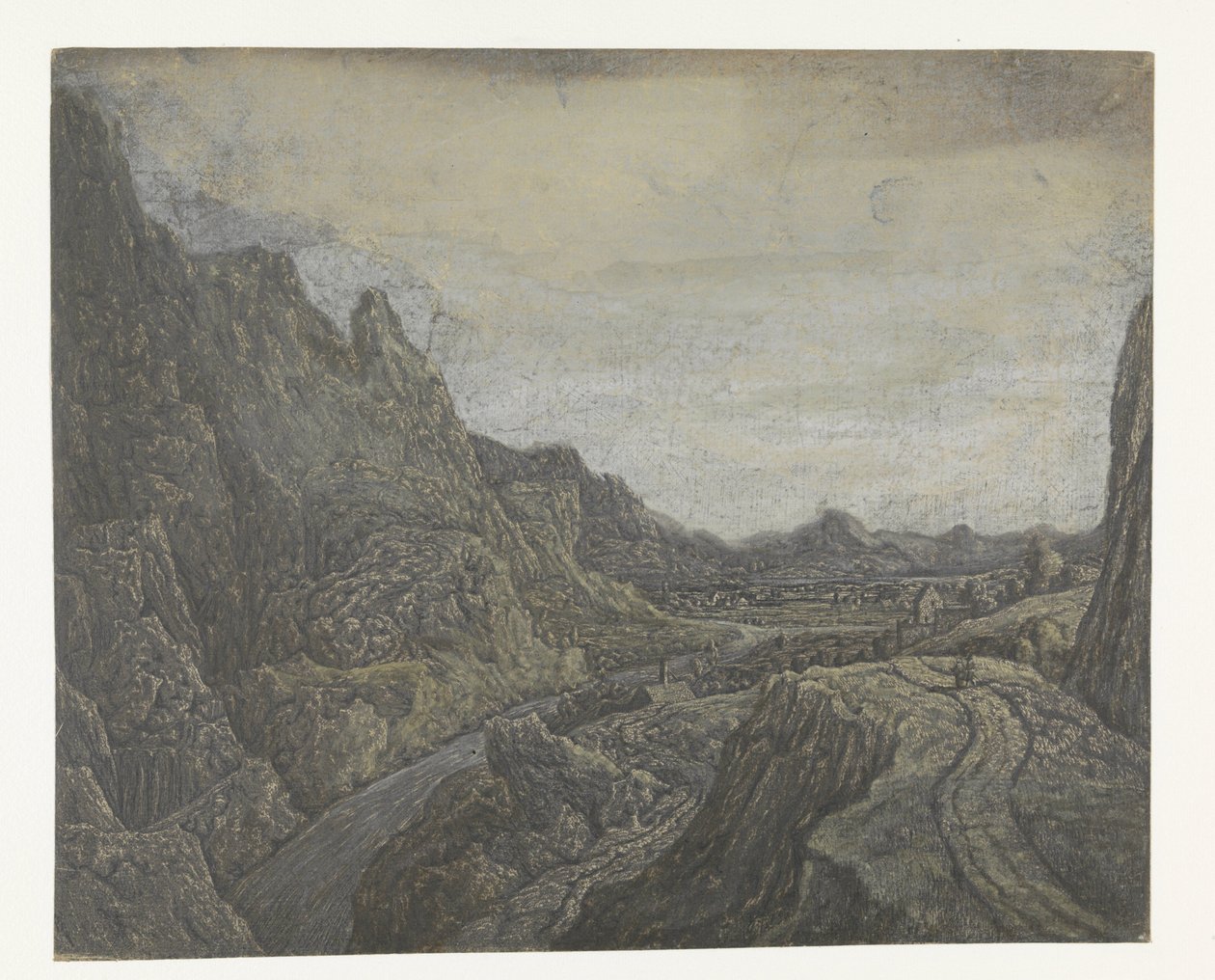 Paisagem rochosa com uma estrada e um rio de Hercules Segers
