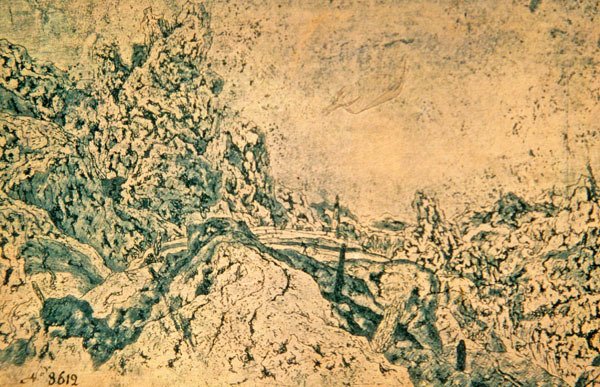 Paisagem rochosa com torre em distância (tinta sobre papel) de Hercules Seghers