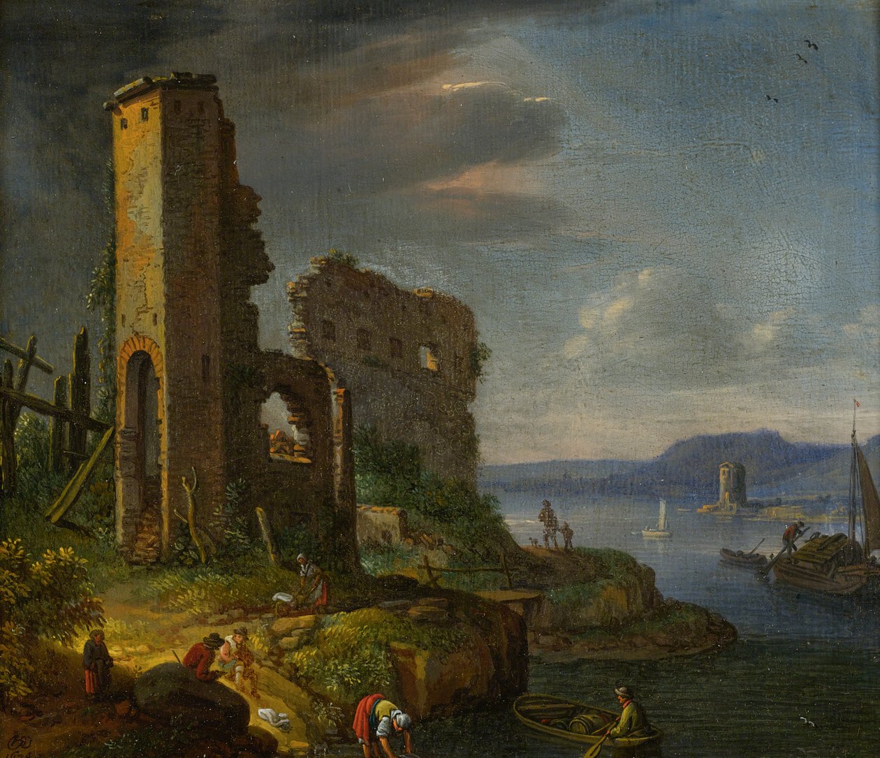Paisagem do rio com ruínas, barcos e figuras de Herman Saftleven