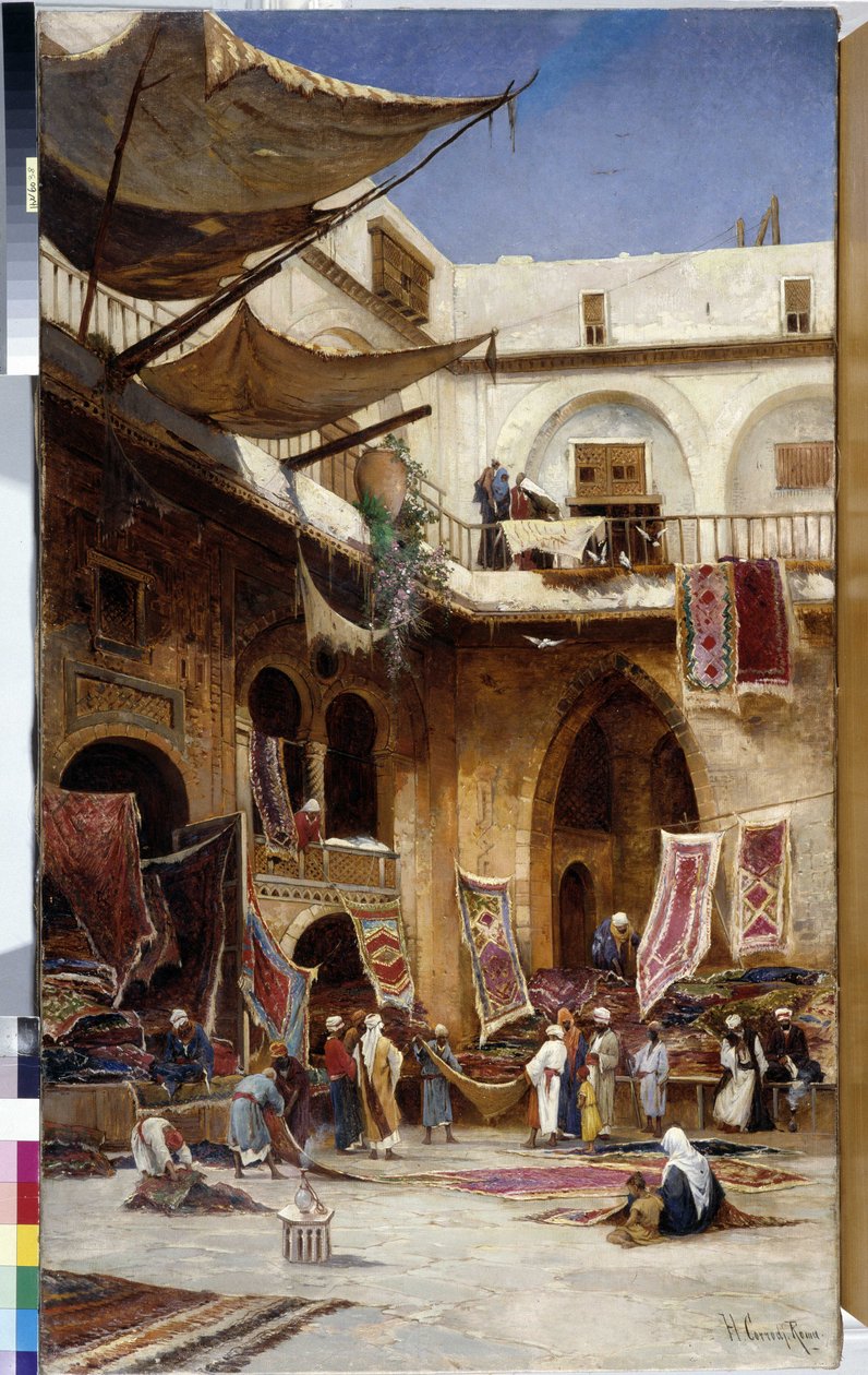 Comerciante de tapetes nas ruas do distrito de Stamboul, em Istambul. Turquia. Pintura de Herman David Salomon Corrodi (1844-1905) cm 110x81 Óleo sobre tela Menção obrigatória: Colecção de cumprimentos de fundação da Provença Marselha de Herman David Salomon Corrodi