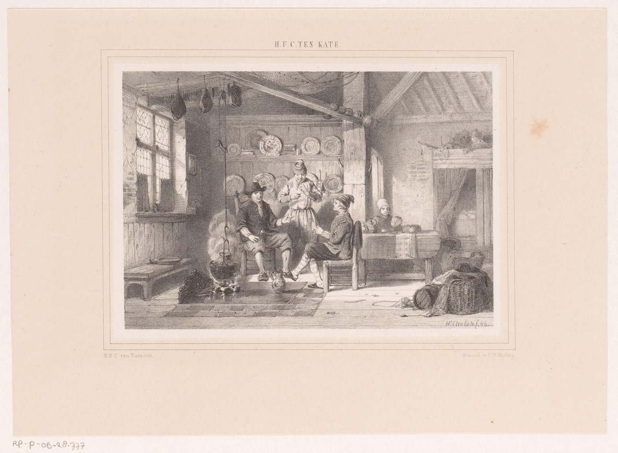 Interior com três homens por uma lareira de Herman Frederik Carel ten Kate