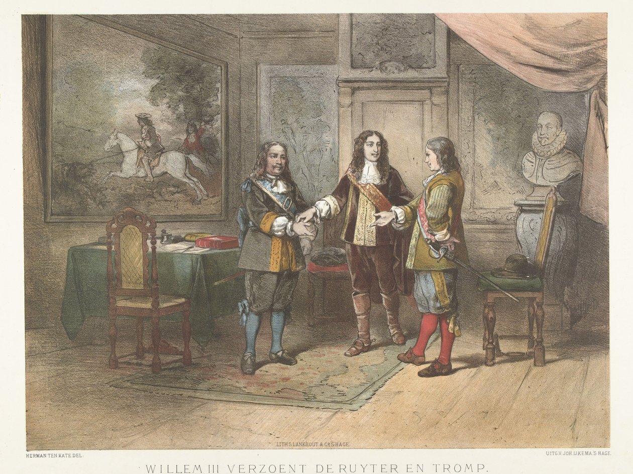 O Príncipe Guilherme III reconcilia Michiel de Ruyter e Cornelis Tromp, 1673
Guilherme III reconcilia de Ruyter e Tromp (título sobre o objecto) de Herman Frederik Carel ten Kate