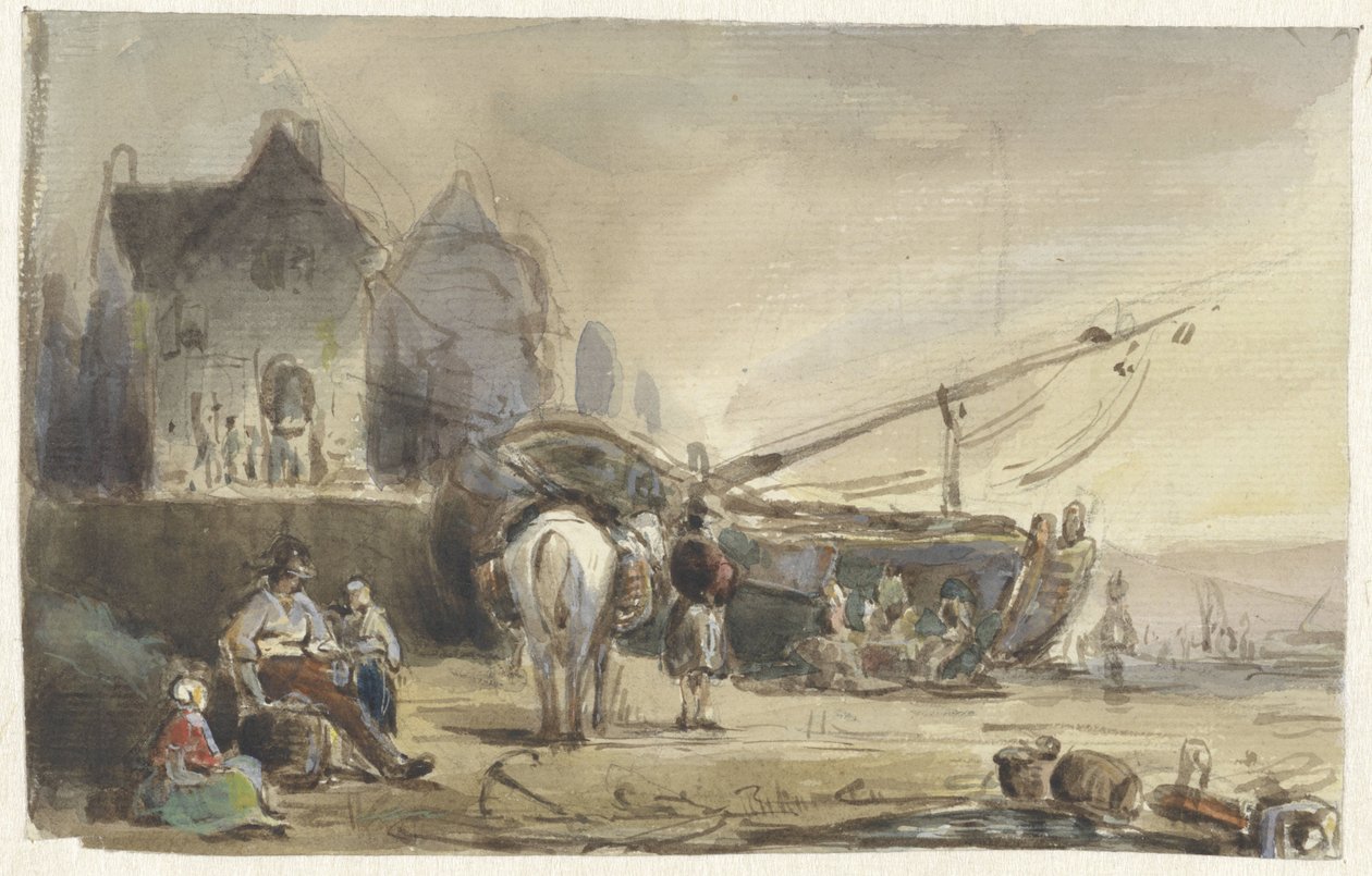 Cena de praia com barcos e pescadores de Herman Frederik Carel ten Kate