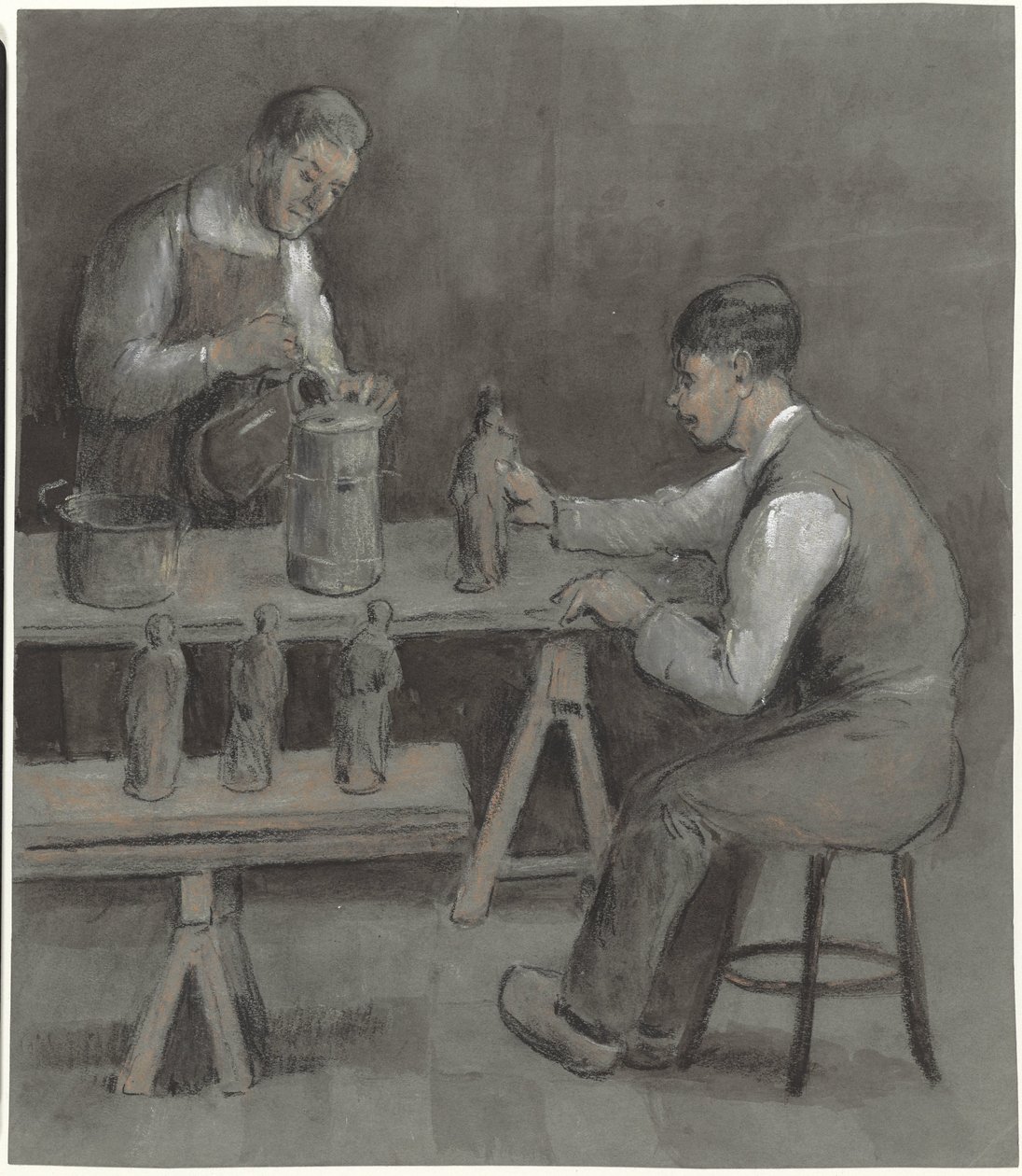 Dois trabalhadores fazendo estatuetas de Herman Heijenbrock