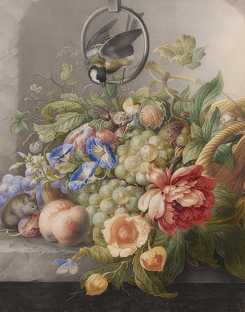 Ainda vida de flores, frutas, um excelente tit e um rato. Por volta de 1700-10 de Herman Henstenburgh
