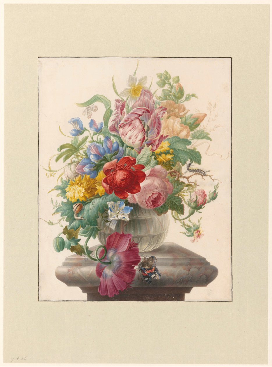 Flores em um vaso de vidro com uma borboleta Bloemen em vaas conheceu Atalanta de Herman Henstenburgh