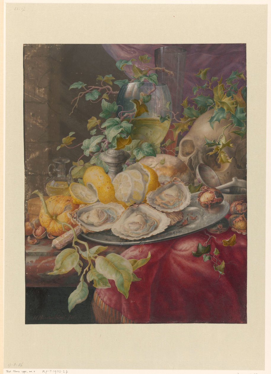 Vanitas ainda vida com ostras e crânio de Herman Henstenburgh