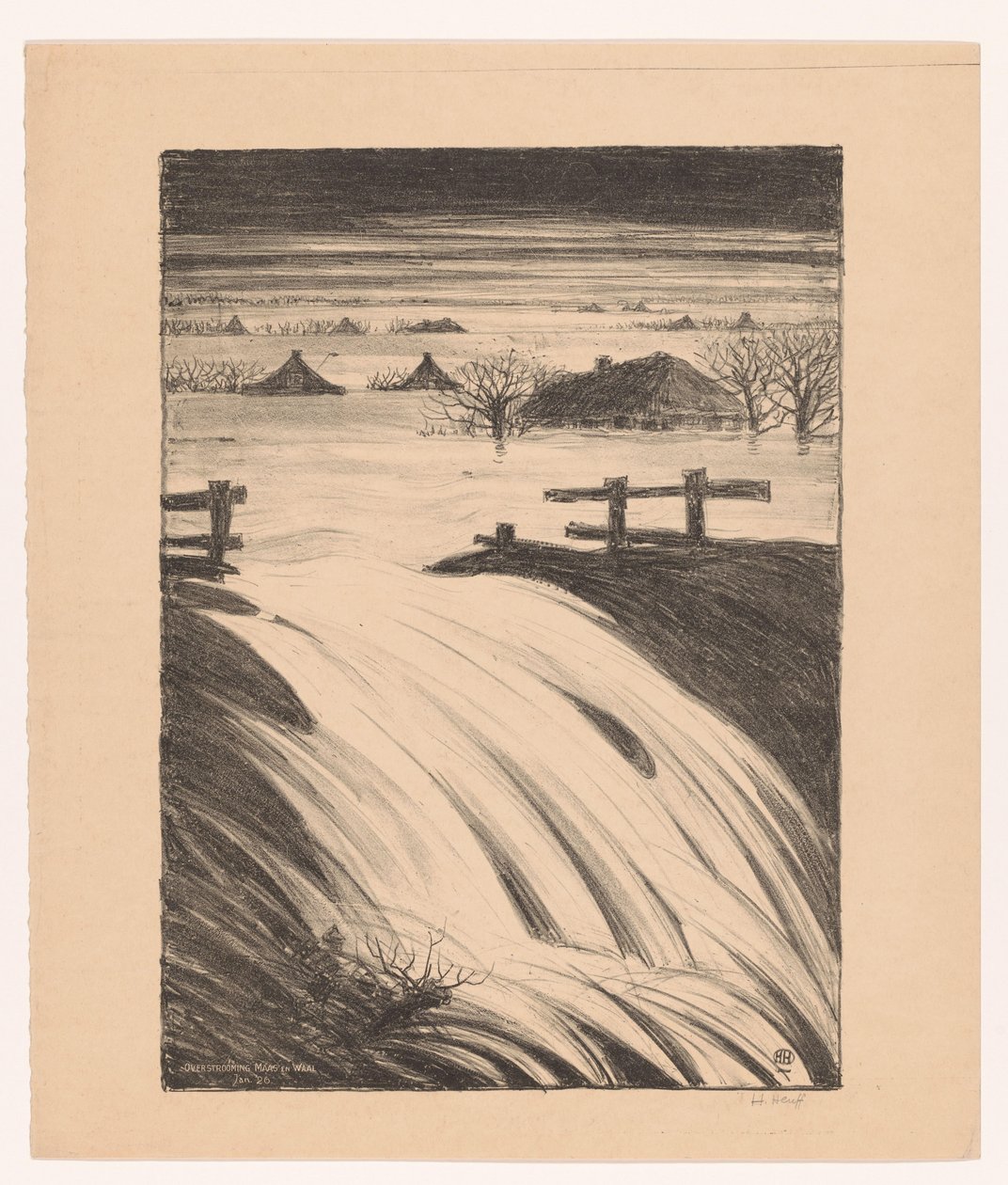 Meuse e Waal inundações em janeiro 1926 (título original no objeto) de Herman Heuff (signed by artist)