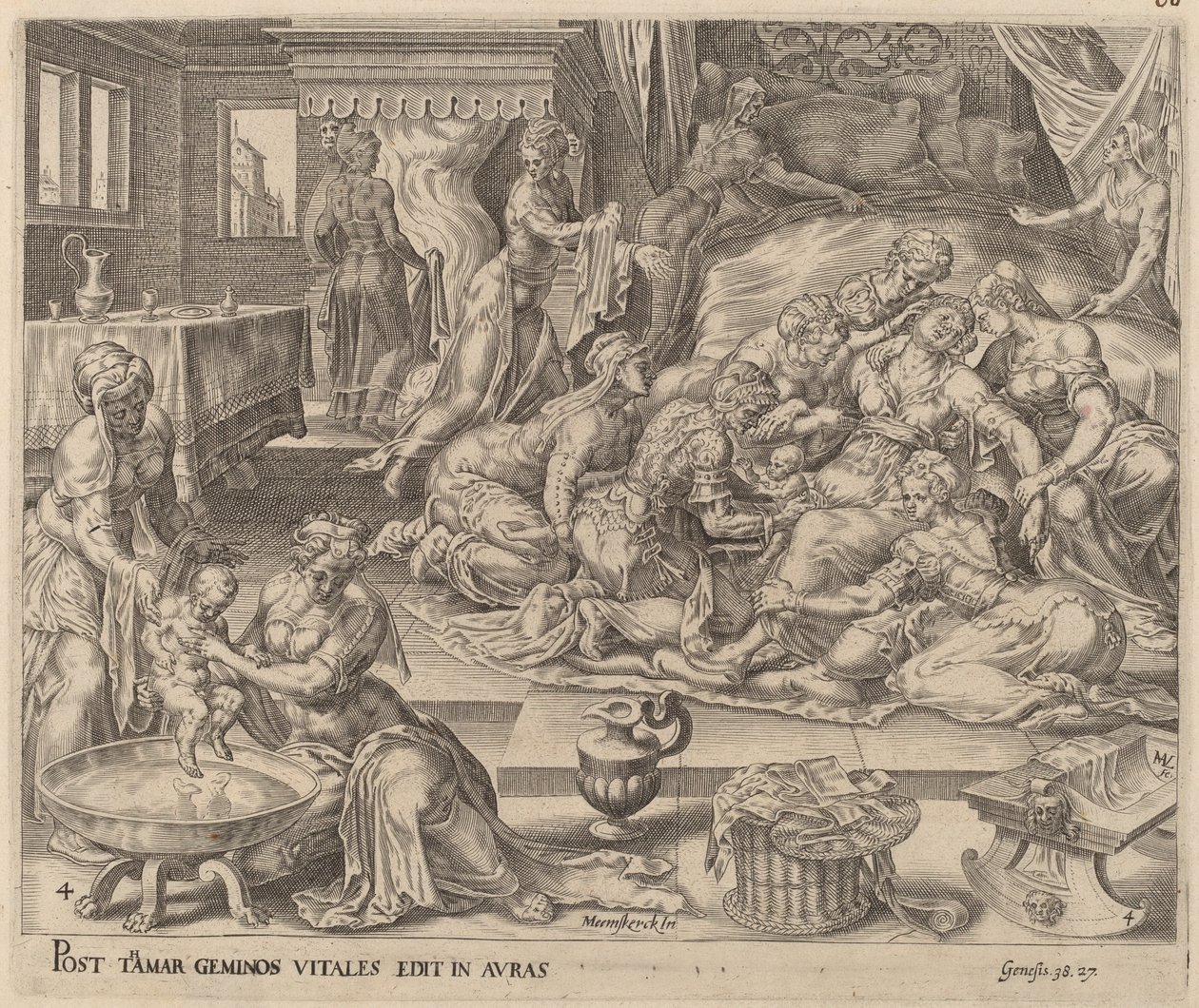 Nascimento de Pharez e Zara de Herman Jansz Muller after Maerten van Heemskerck