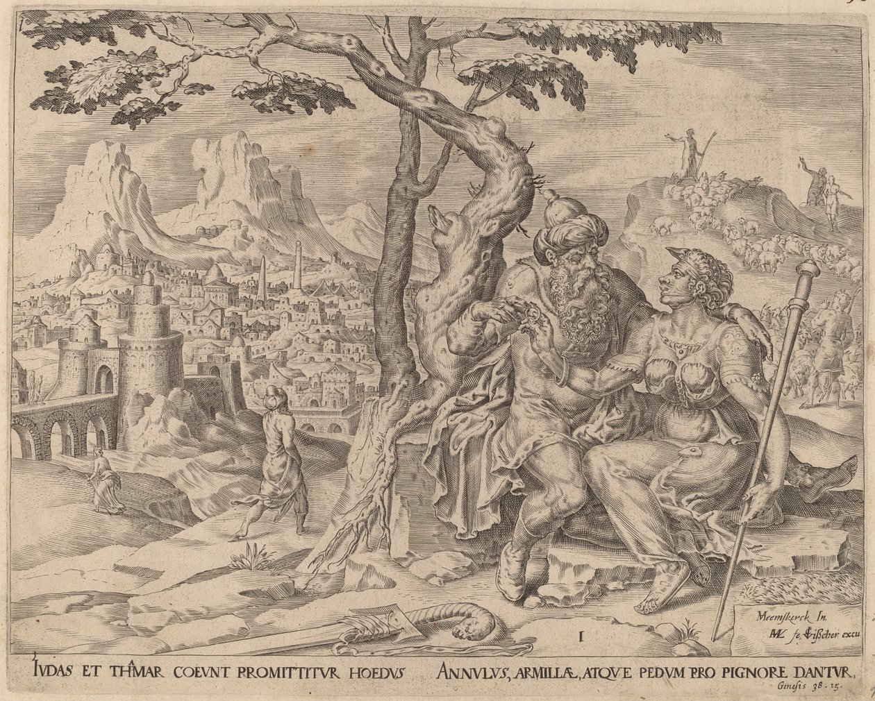 Judá dando o juramento a Tamar de Herman Jansz Muller after Maerten van Heemskerck