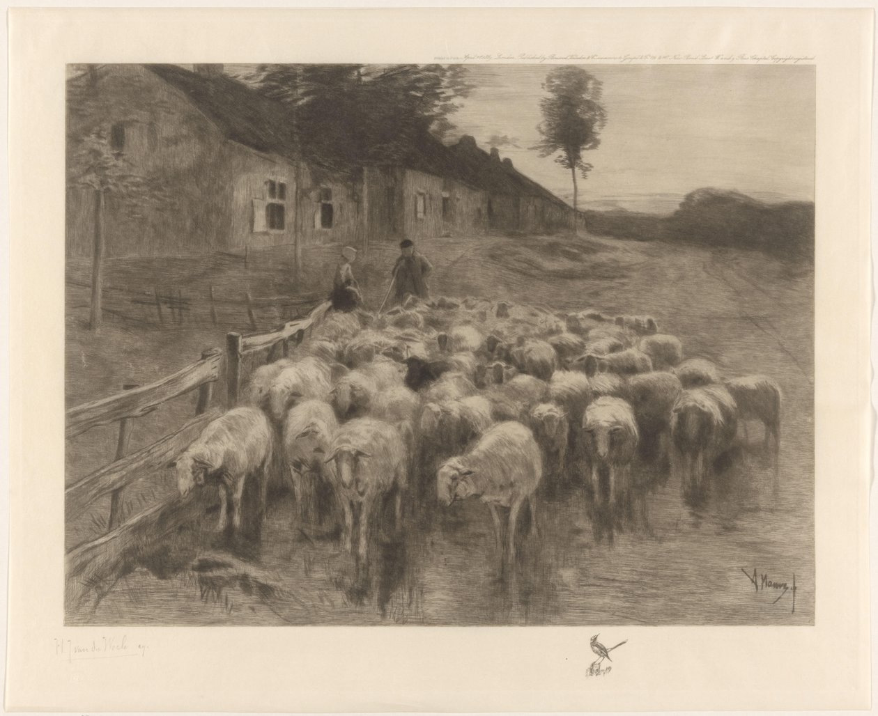 Pastor e uma mulher perto de um rebanho de ovelhas de Herman Johannes van der Weele (signed by artist)