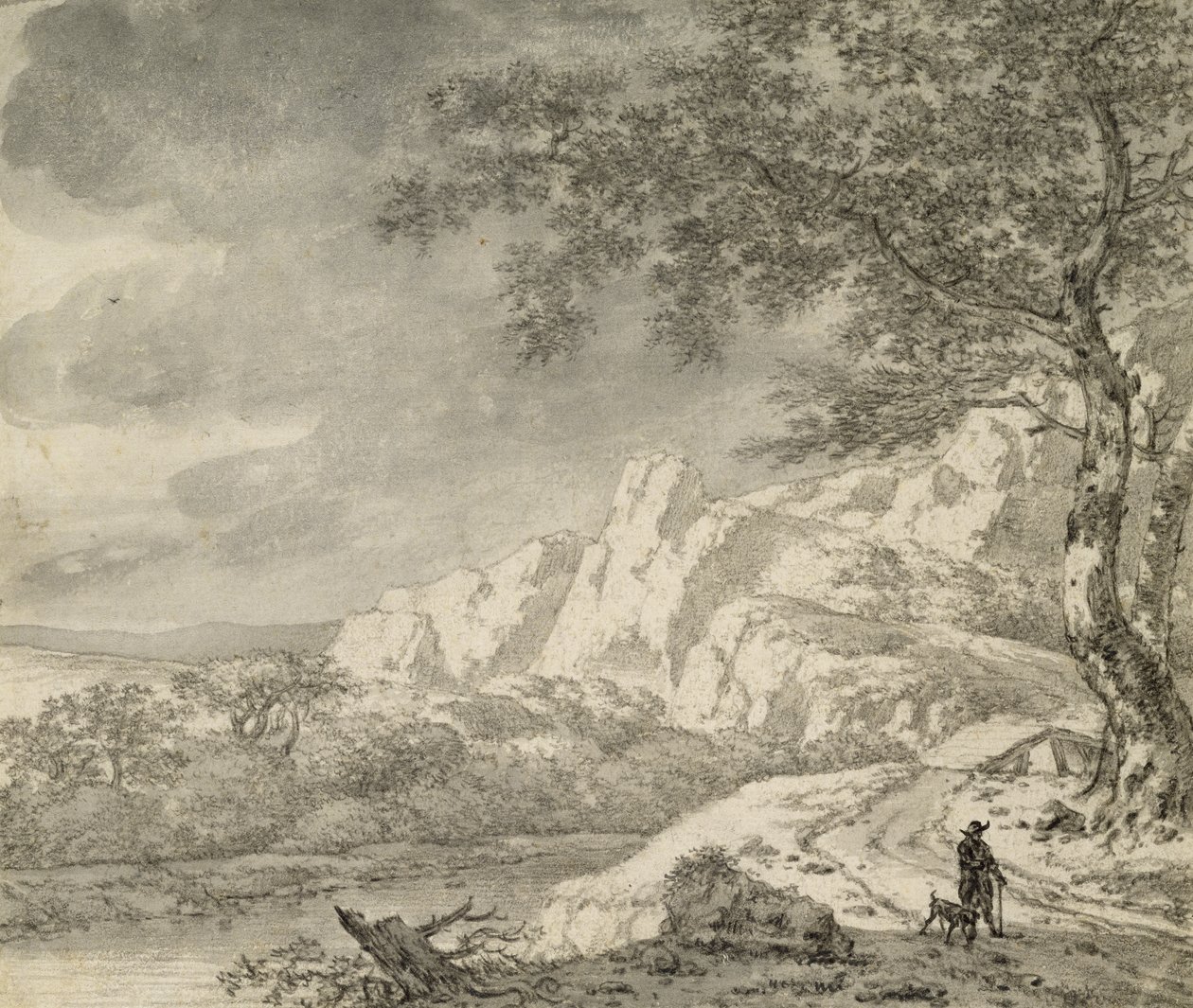 Paisagem montanhosa com um alpinista (giz e tinta indiana no papel) de Herman Nauwincz