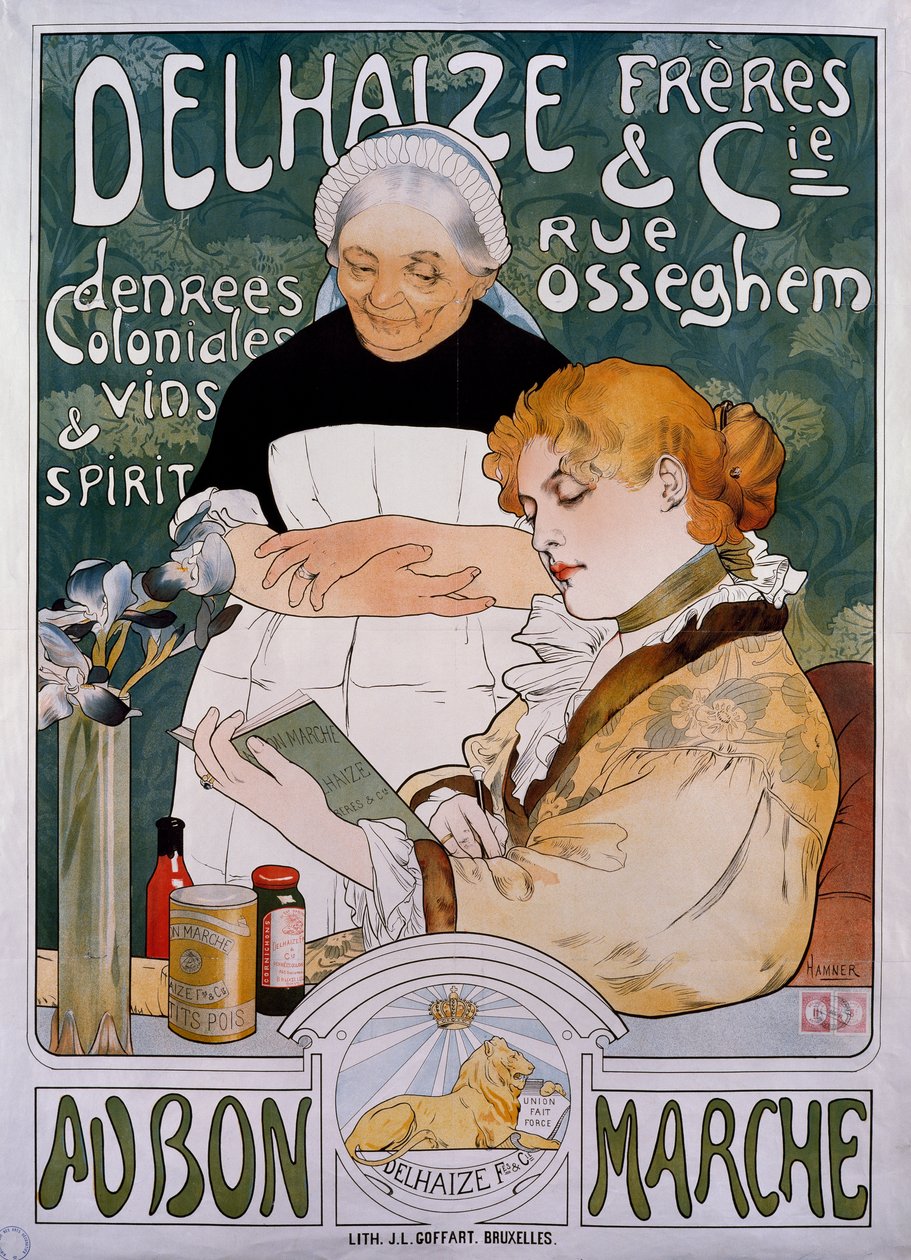 Senhora e criada, cartaz para a empresa Delhaize Freres et Cie au bon marche de Herman Richir