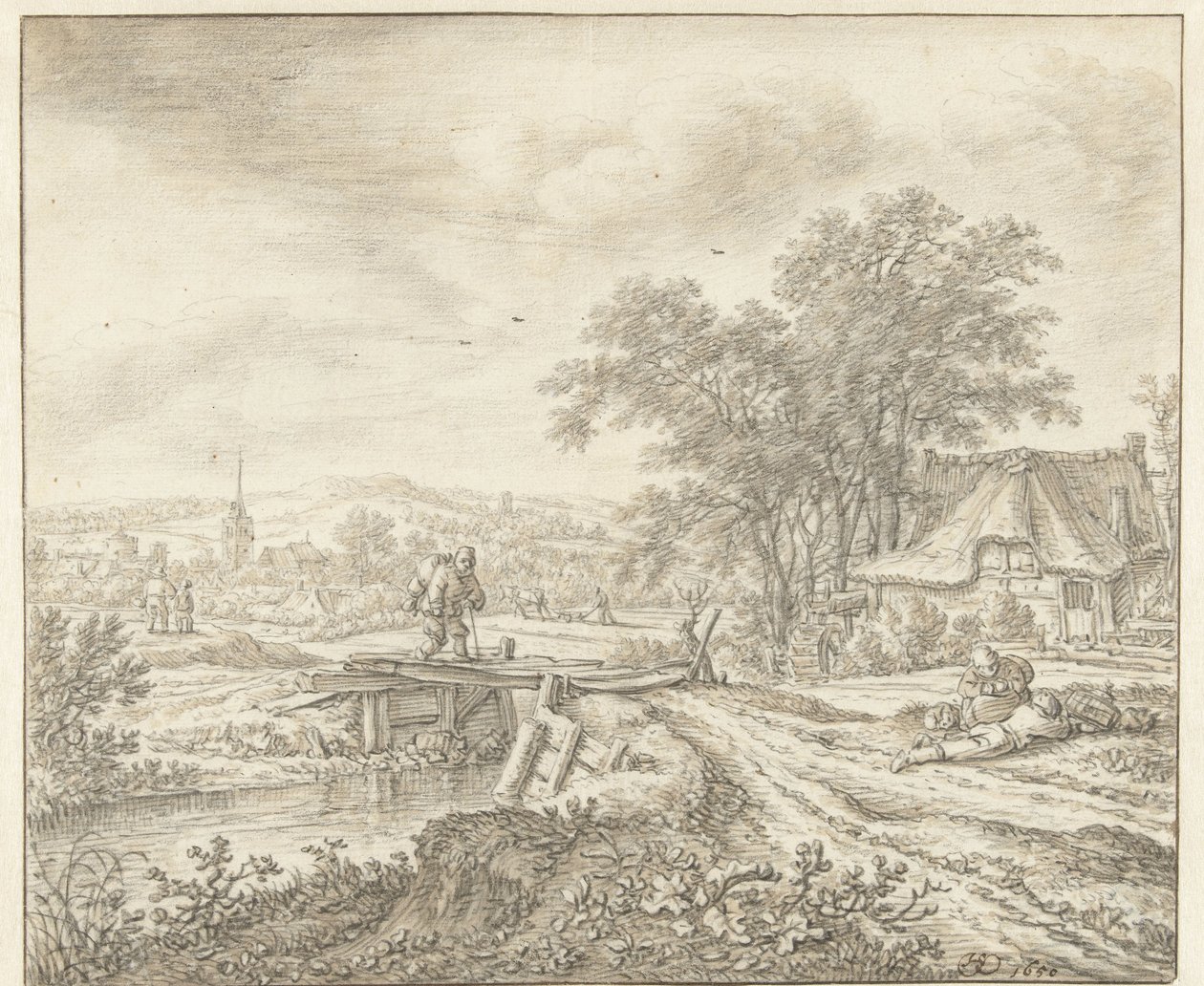 Paisagem montanhosa com uma fazenda por uma ponte de Herman Saftleven