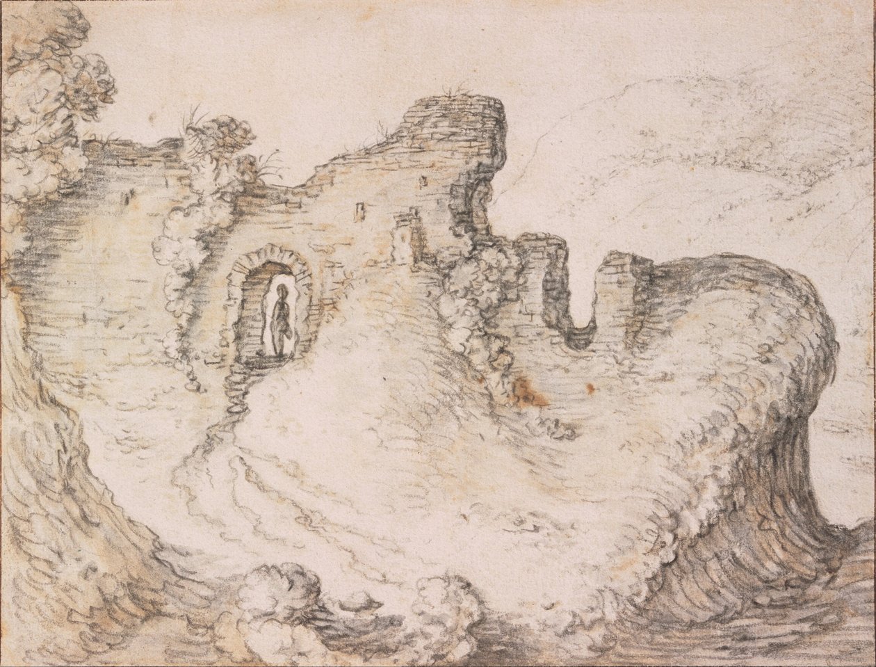 Paisagem rochosa com ruínas, formando o perfil do rosto de um homem, c. 1650 de Herman Saftleven