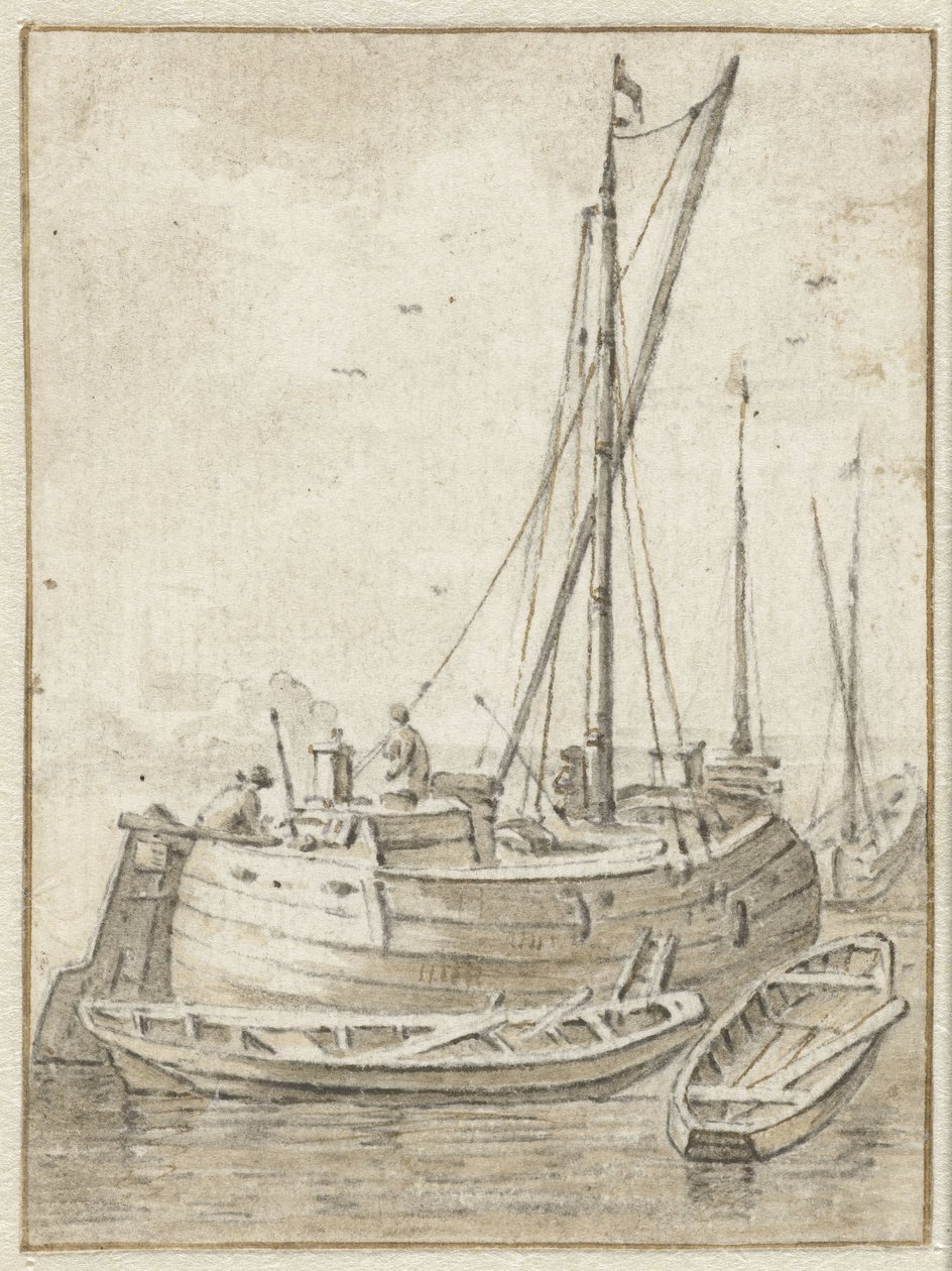 Barcaça com dois barcos a remos de Herman Saftleven