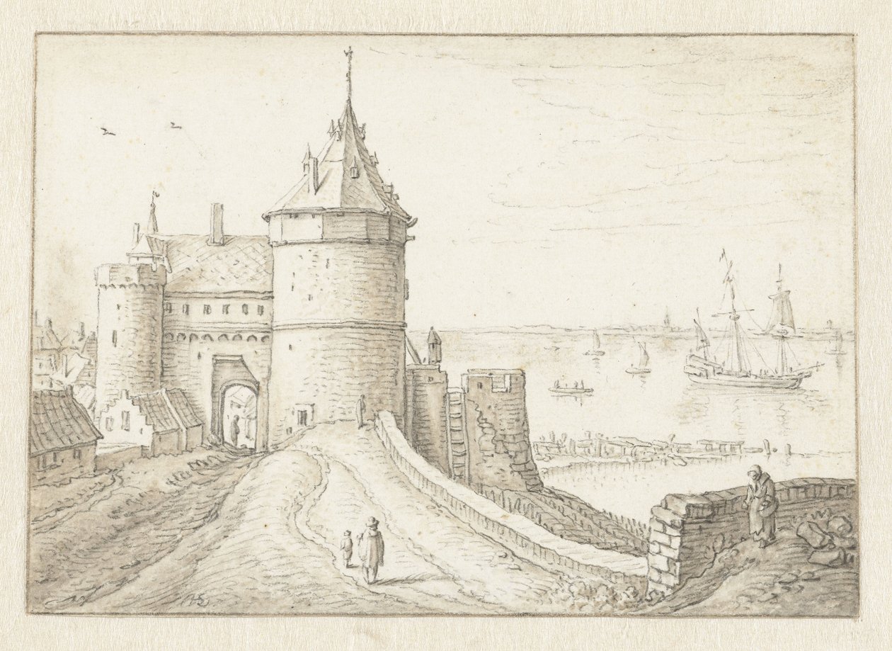 Porta da cidade com vista para o mar de Herman Saftleven