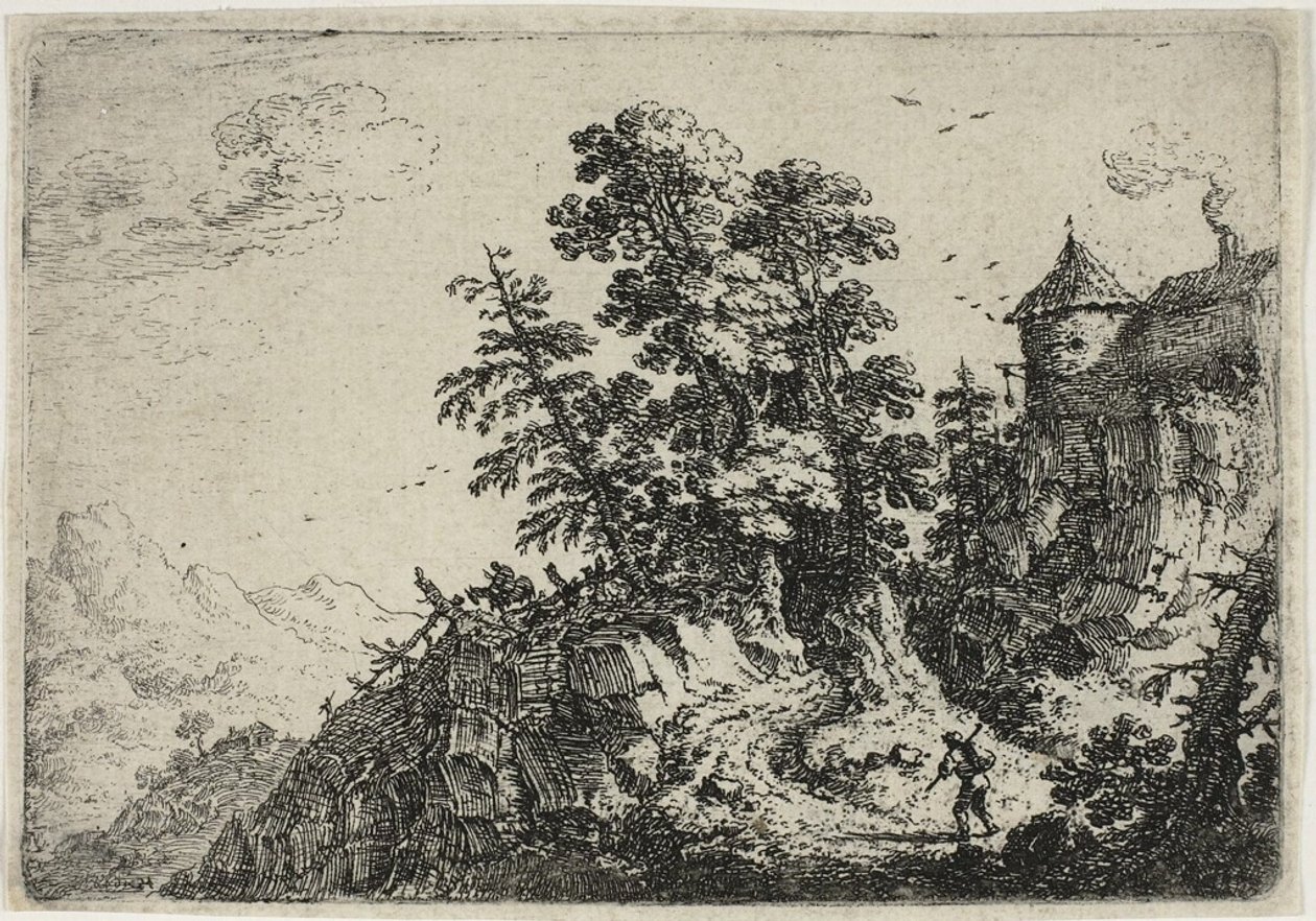 Viajantes na estrada sinuosa, de Seis paisagens de Herman Saftleven