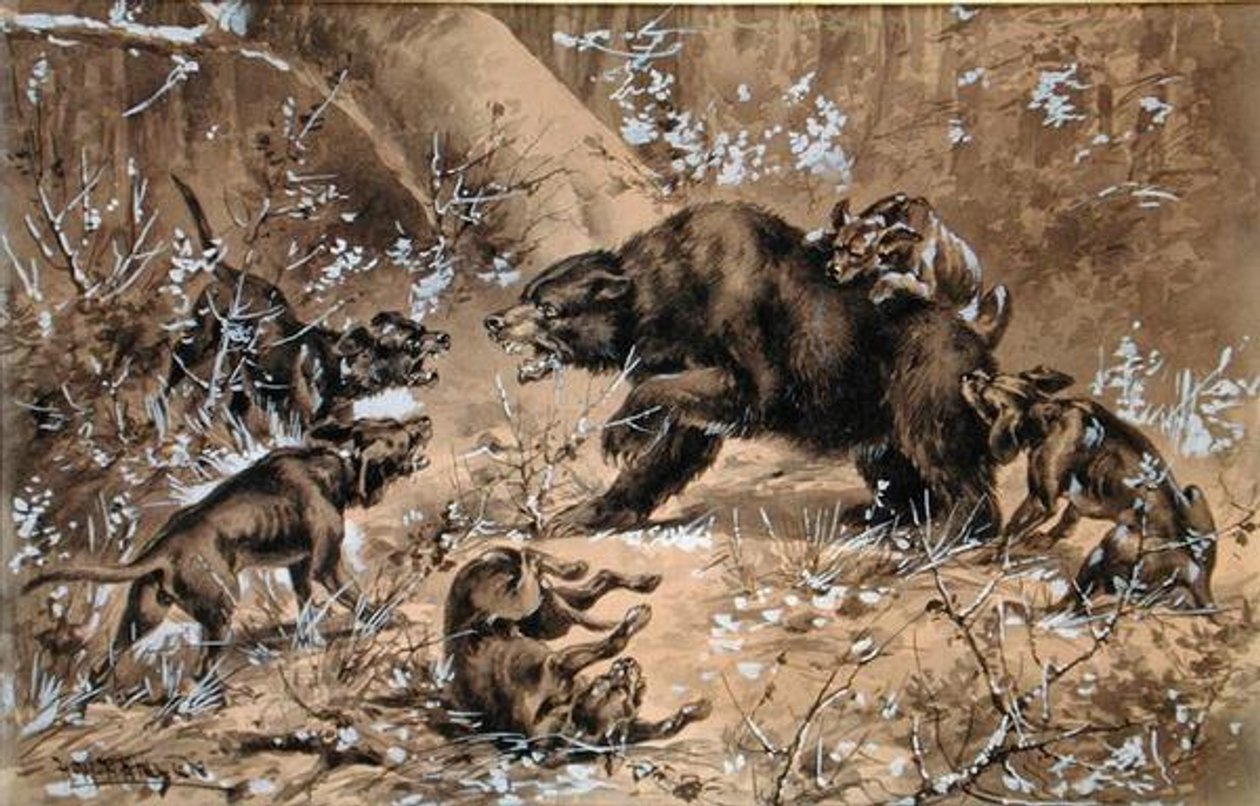 Caça ao Urso (aguarela e branco chinês sobre papel) de Herman Wendleborg Hansen