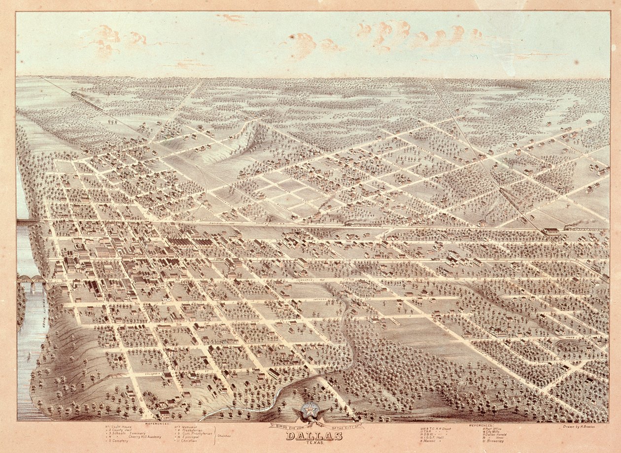 Mapa das ruas de Dallas, Texas, 1872 de Herman attr. to Brosius