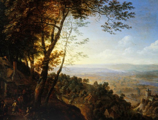 Uma paisagem arborizada com camponeses por uma casa de campo (óleo sobre painel) de Herman the Younger Saftleven