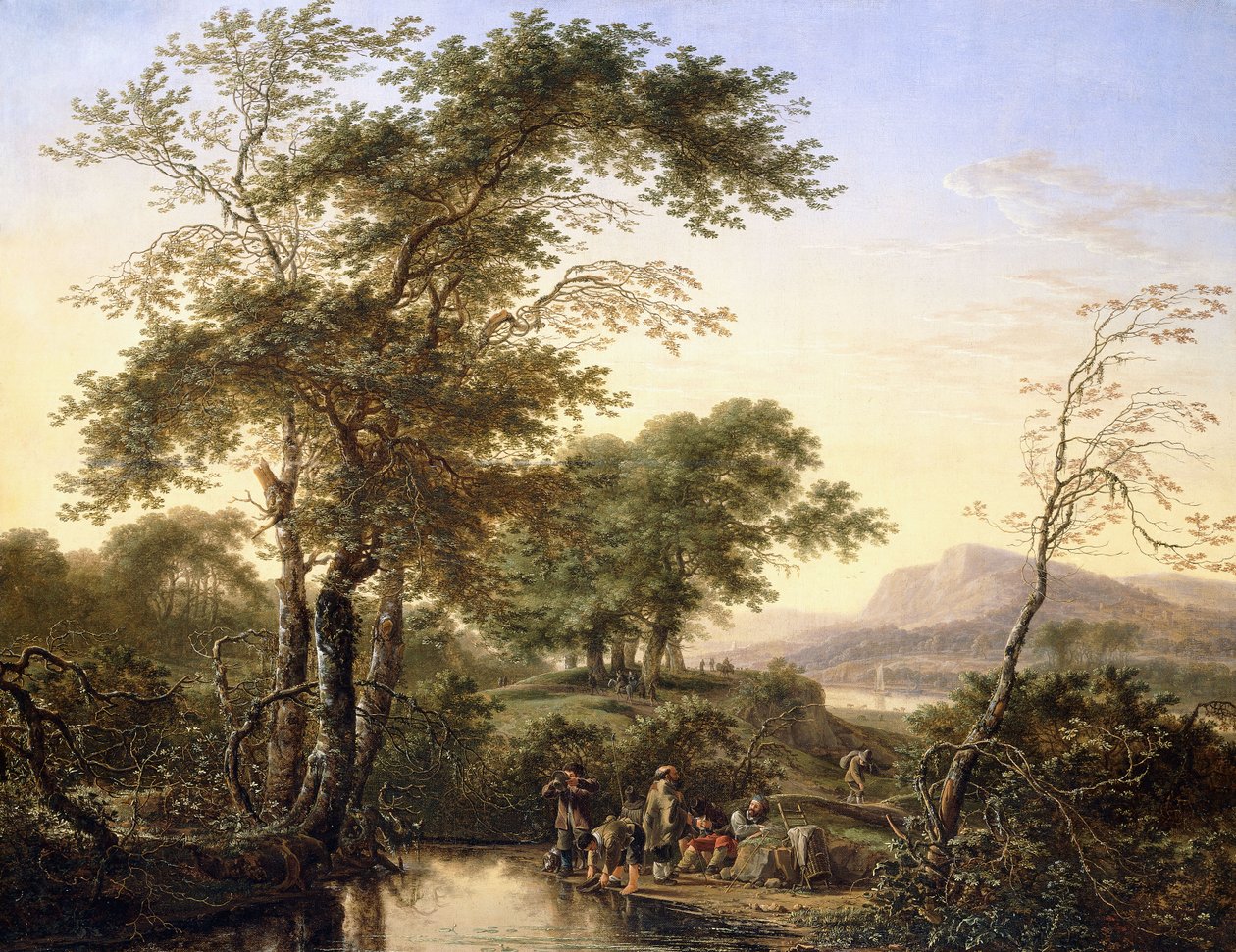 Uma extensa paisagem do rio Italianizado com viajantes à beira da piscina, 1646 de Herman the Younger Saftleven