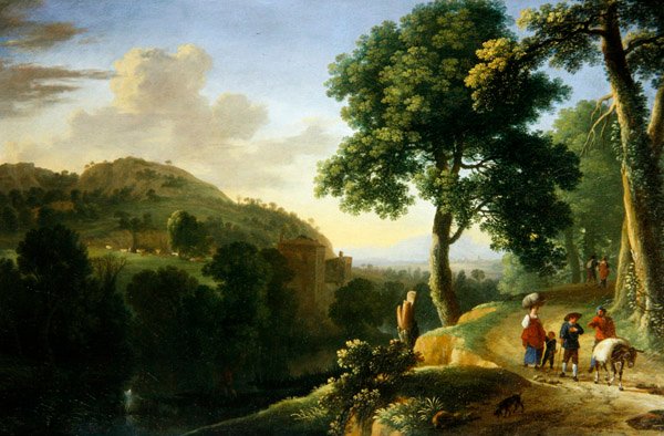 Uma paisagem italiana com viajantes e um burro, c.1640 (óleo sobre tela) de Herman van Swanevelt